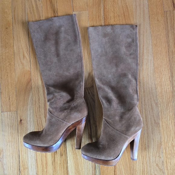 Michael Kors Tan Cognac Brown Knee High Tall Genuine Suede Leather Boots Heels 8 - Picture 1 of 12